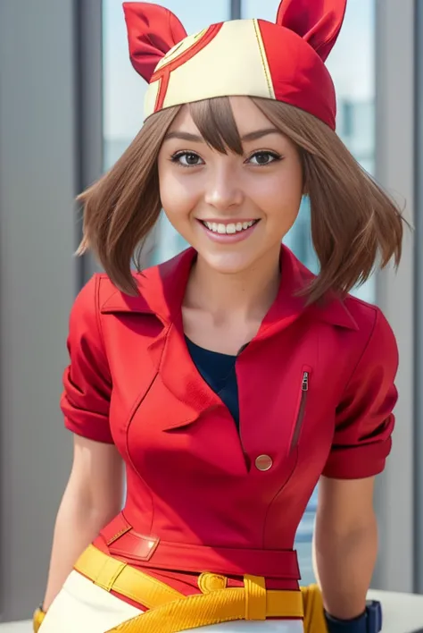 hyper realistic photograph, detailed face, beautiful 21 year old character_pokemon_may, ((short hair)), ((wearing red bandana, red jacket, white skirt, yellow belt)), breasts, teeth, smile, science laboratory interior:: film grain, Kodak portra 800, f1.8, --ar 2:3 --beta --upbeta, cute, flirty, (r/fitgirls), <lora:May:0.9>