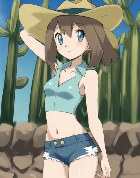 sugimori ken \(style\) 1girl, Maypokemon, brown hair, blue eyes, posing in a collared blouse, cowboy hat, breasts, denim shorts, thighs, desert, cactus, <lora:kensugimori:0.5> <lora:May:0.8>