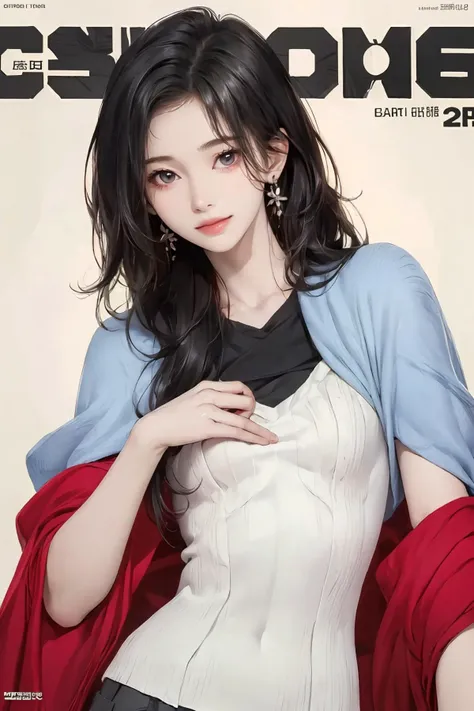 8k high quality detailed,highres,anime,comic,detailed image,
(an illustration of a teenage girl posing,(an illustration of girl,teenage girl)),(magazine_illustration),
(,jujingyi,1girl,long hair,black eyes,lips,earrings,small breasts),(Tender Smile),detailed_face,
((top-down bottom-up):0.8),
(, OvcioWearableWrap,capelet),(,realistic clothing texture,realistic_skin_texture),<lora:jujingyi_v3:0.7>,<lora:lora.TA_trained (1):0.65>,<lora:more_details:0.2>