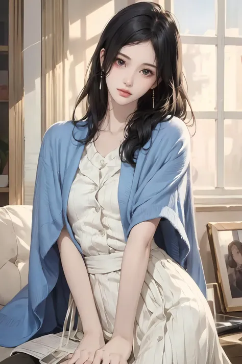 (masterpiece:1.2, best quality), (real picture, intricate details), 1lady, solo, upper body, casual, long hair, minimal makeup, natural fabrics, close-up face, smile, home