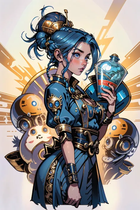 steampunkmultiple girls, (masterpiece, best_quality, ultra-detailed, immaculate:1.3), epic, illustration, welcoming, 1girl, druid, blue-grey hair, Pageboy Cut,long bombshell hair, simple background, in a festive megacity, bombshell hair, muted gold hair, Grecian Braided Updo,low-tied long hair, bent over<lyco:EnvyBeautyMix49:1>