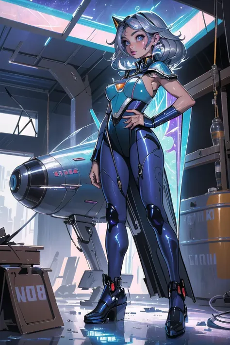 retro sci-fi(masterpiece, best_quality, ultra-detailed, immaculate:1.3), epic, illustration, 1girl, (original Yanki:1.3) catgirl, full body, [:colorful, sexy costume design,:0.2], official art, light caucasian skin, dramatic pastel ultraviolet lighting , in a frozen barn, bombshell hair, dark blue-grey hair, ahoge,Razor Cut, v arms<lyco:EnvyBeautyMix49:1>