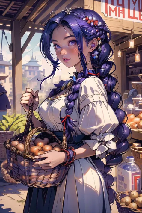 (masterpiece, best_quality, ultra-detailed, immaculate:1.3), epic, illustration, welcoming, 1girl, warlock, ginger hair, Milkmaid Braid, casting spell, in a barn, in a urban town, bombshell hair, matte indigo hair, Basket Weave Braid,hair bobbles, twisted torso<lyco:EnvyBeautyMix49:1>