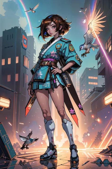 cyberpunk(masterpiece, best_quality, ultra-detailed, immaculate:1.3), epic, illustration, welcoming, 1girl, scout, light brown hair, Half Up Half Down,hime cut, (full body:0), [:creative costume design:0.2], japanese, at a tiny, brutalist hospital, in a fantasy warzone, bombshell hair, rainbow hair, bob cut, pigeon pose<lyco:EnvyBeautyMix49:1>