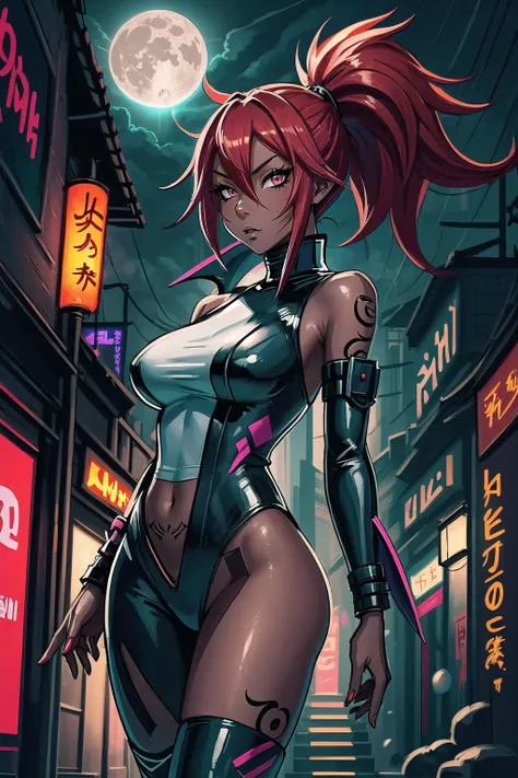 (masterpiece, best_quality, ultra-detailed, immaculate:1.3), epic, illustration, fox ears Japanese shinobi lord villainess, latex , leg tattoos, tattoos,iridescent black hair with pink highlights, Side Ponytail, (dark skin:1.3), small breasts, slimathletic figure, rainy night, on the British, Egyptian moon ("at the Ephemeral Scriptorium, Ethereal":1.2), in downtown Tokyo, bombshell hair, red hair with red highlights, spiked hair,Chignon, wallwalking<lora:EnvyBeautyMix39:1>