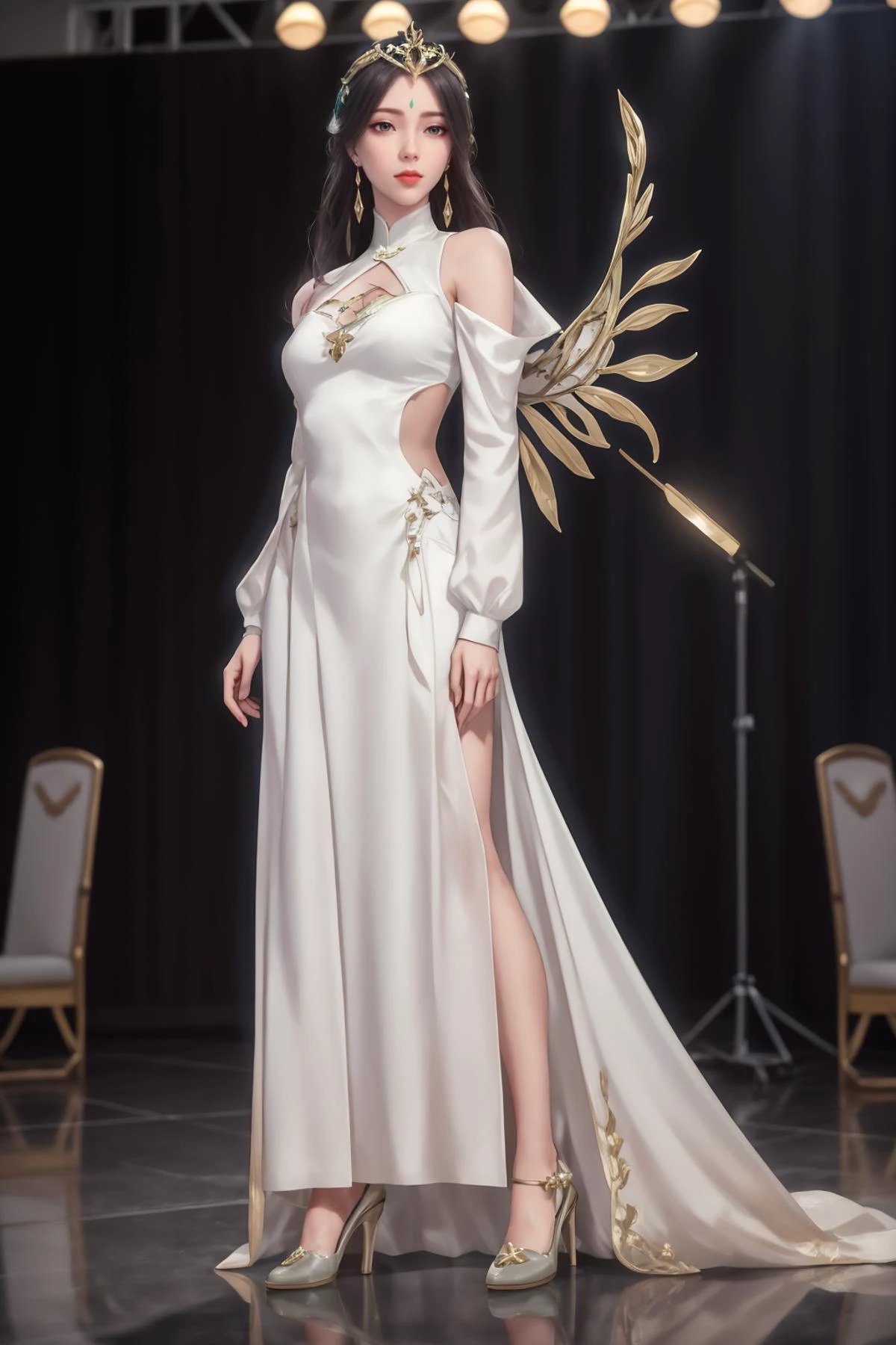 8k,highres,absurdres,masterpiece,best quality,original,extremely detailed CG,extremely detailed wallpaper,perfect lighting,<lyco:GoodHands-beta2:1>,
1girl,solo,blurry_background,looking_at_viewer,standing on the stage,
<lora:ls:0.6>,ls,chinese clothes,jewelry,earrings,black hair,wings,long hair,hair ornament,facial mark,clothing cutout,shoulder_armor,white long skirt,circlet,