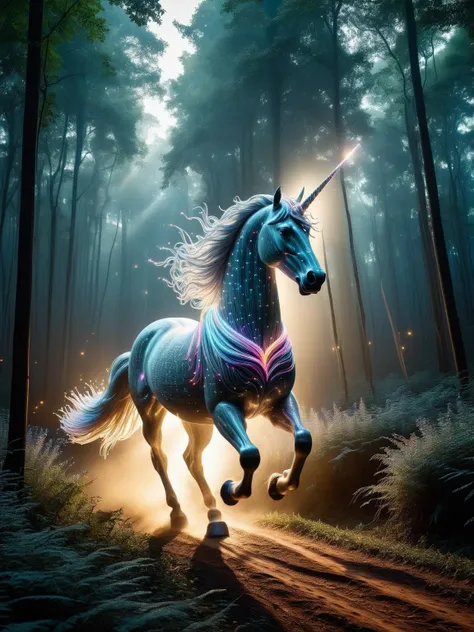 A majestic unicorn galloping through a mystical forest, its horn emitting a radiant beam of FiberOptic light, illuminating the path ahead. FiberOptic <lora:FiberOptic:1>, <lora:EnvyBetterHiresFixXL01:0:hr=1>