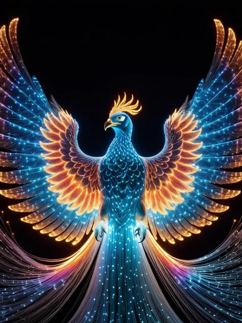 A luminescent phoenix rising from the ashes, its feathers ablaze with vibrant strands of fibreoptic light FiberOptic <lora:FiberOptic:1>, <lora:EnvyBetterHiresFixXL01:0:hr=1>