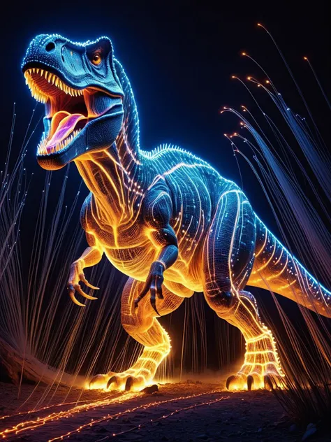 A prehistoric T-Rex with glowing veins pulsating beneath its scaly skin, leaving trails of fibreoptic embers as it stomps FiberOptic <lora:FiberOptic:1>, <lora:EnvyBetterHiresFixXL01:0:hr=1>