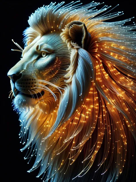 A majestic lion with a flowing mane of glowing FiberOptic strands, radiating power and majesty. FiberOptic <lora:FiberOptic:1>, <lora:EnvyBetterHiresFixXL01:0:hr=1>