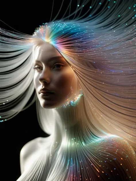 A portrait of a person with FiberOptic hair, their strands flowing and pulsing with light, illuminating their features with an ethereal glow. FiberOptic <lora:FiberOptic:1>, <lora:EnvyBetterHiresFixXL01:0:hr=1>