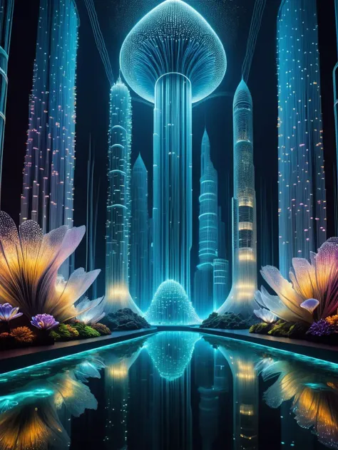 An underwater city of the future, its buildings and structures glowing with vibrant FiberOptic patterns, creating a mesmerizing scene of aquatic life and technology in harmony. FiberOptic <lora:FiberOptic:1>, <lora:EnvyBetterHiresFixXL01:0:hr=1>