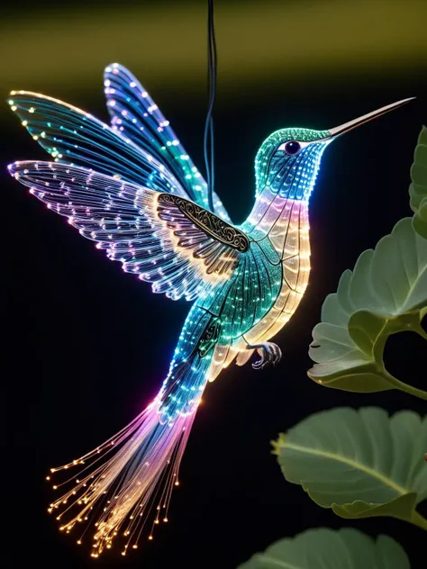 A graceful hummingbird with iridescent wings that flicker and pulse like a constellation of FiberOptic lights, sipping nectar from glowing flowers. FiberOptic <lora:FiberOptic:1>, <lora:EnvyBetterHiresFixXL01:0:hr=1>