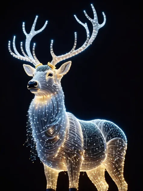 A majestic stag crowned with antlers that glow like constellations, its eyes sparkling with fibreoptic fire FiberOptic <lora:FiberOptic:1>, <lora:EnvyBetterHiresFixXL01:0:hr=1>