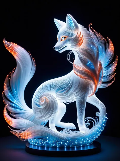 A playful kitsune, its nine tails trailing and swirling with ethereal fibreoptic wisps FiberOptic <lora:FiberOptic:1>, <lora:EnvyBetterHiresFixXL01:0:hr=1>