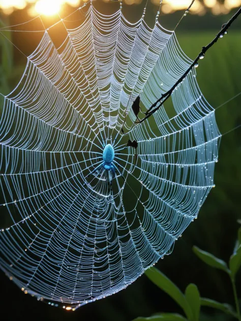 A giant spider, its web intricately spun with delicate strands of fibreoptic light, capturing dewdrops that turn into glowing gems FiberOptic <lora:FiberOptic:1>, <lora:EnvyBetterHiresFixXL01:0:hr=1>