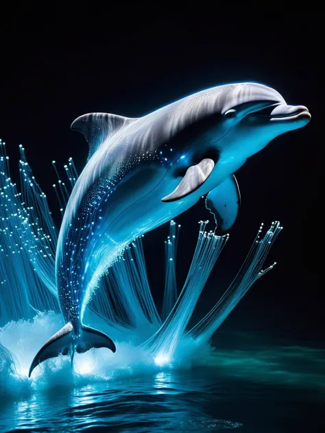 A playful dolphin leaping through a bioluminescent ocean, its skin shimmering with a network of FiberOptic lights. FiberOptic <lora:FiberOptic:1>, <lora:EnvyBetterHiresFixXL01:0:hr=1>