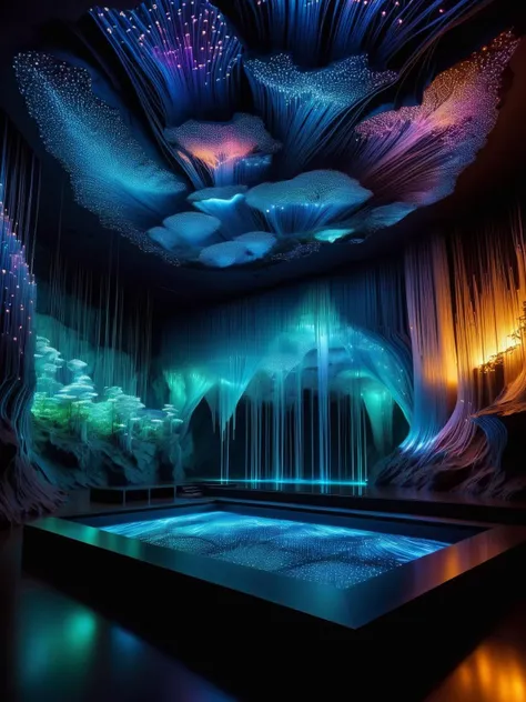 A bioluminescent cave glowing with otherworldly beauty, its walls and ceilings adorned with intricate networks of FiberOptic lights, creating a mesmerizing spectacle of nature's artistry. FiberOptic <lora:FiberOptic:1>, <lora:EnvyBetterHiresFixXL01:0:hr=1>