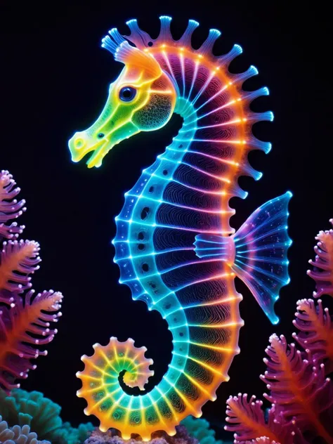 A bioluminescent seahorse, its tiny body adorned with iridescent fibreoptic scales, dancing amidst coral reefs lit by neon lights FiberOptic <lora:FiberOptic:1>, <lora:EnvyBetterHiresFixXL01:0:hr=1>