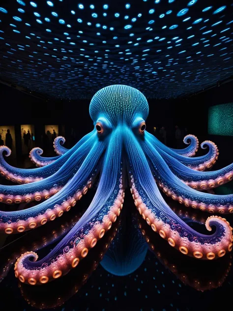 A curious octopus with tentacles that weave a mesmerizing tapestry of shifting colors and patterns, like living FiberOptic cables. FiberOptic <lora:FiberOptic:1>, <lora:EnvyBetterHiresFixXL01:0:hr=1>