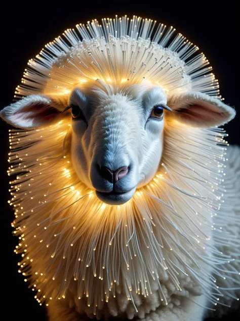 A fluffy sheep with wool composed of thousands of delicate fibreoptic strands, creating a halo of glowing light around its head FiberOptic <lora:FiberOptic:1>, <lora:EnvyBetterHiresFixXL01:0:hr=1>