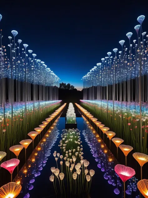 A field of wildflowers blooming at night, their petals and stems intricately woven with FiberOptic filaments, creating a breathtaking light garden. FiberOptic <lora:FiberOptic:1>, <lora:EnvyBetterHiresFixXL01:0:hr=1>