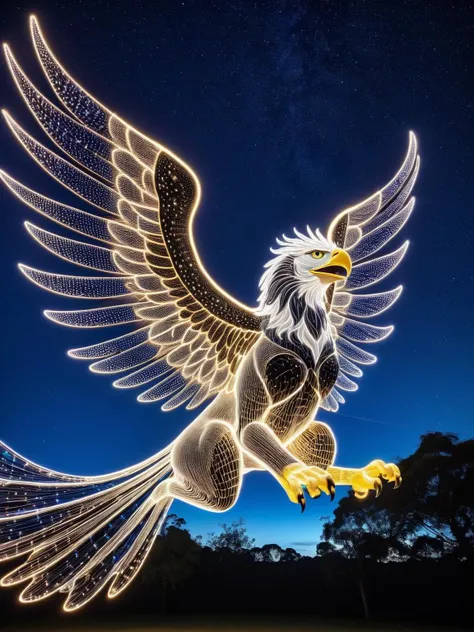 A griffin with wings woven from shimmering fibreoptic threads, soaring through a starry night sky FiberOptic <lora:FiberOptic:1>, <lora:EnvyBetterHiresFixXL01:0:hr=1>
