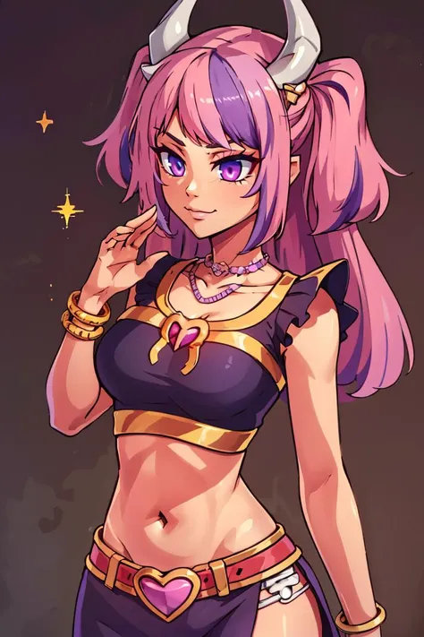 ((masterpiece,best quality)), absurdres,
<lora:Ironmouse:0.8>,  purple eyes, pink hair, purple hair, horns, streaked hair, smile, hearts, 
ironmouse, :3, absurdres, choker,grey background, highres, medium breasts, two side up, 
beautiful eyes,  <lora:Egyptian_Icons:0.7>, Egyptian_Icons, still life, gold, sparkle, golden harem outfit, iridescent gold, golden necklace, golden anklets, golden bracelets, golden belt, golden chain decoration, <lora:Savage_Design:0.7> Savage_Design,  bone necklace, tribal, pelvic curtain, crop top, upper body,  demon bones, demon skull,