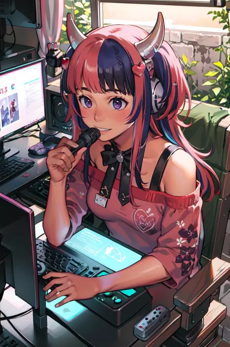 <lora:Ironmouse:0.8> ironmouse, purple eyes, pink hair, purple hair, streaked hair, two side up, horns, black skirt, heart hair ornament, off-shoulder shirt, pink shirt, bow, (ironmouse (1st costume):1.3), vshojo, smile,
pink room, bed, (gaming chair:1.3), computer, <lora:comiclo:1>, absurdres, ultra detailed, masterpiece, best quality, aesthetic, detailed,
