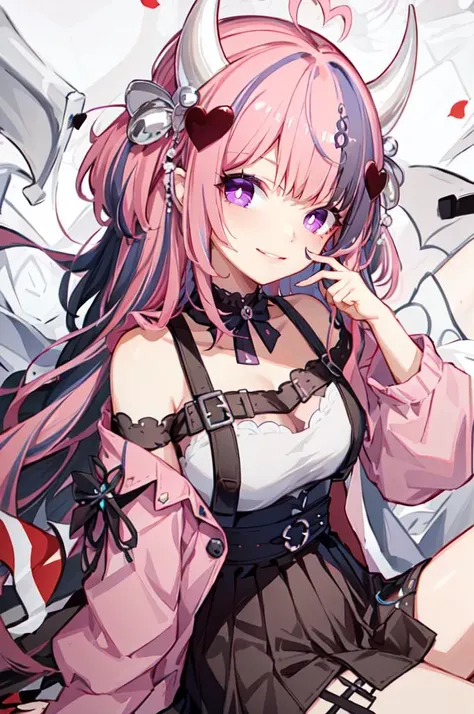 big lips, pink hair, pink eyes, japanese face, gyaru, huge breasts, wide hips, sexy, pink theme, kawaii, detailed, decora, bangs, grin, gyaru outfit, kawaii, pink and black outfit,, horns, cute succubus, small succubus wings, winking, eye wink, , twin tails, winky face, , nicole demara, cityscpe, city scape, city background, nicole zzz, zenless zone zero, from below, perfect angle, HD quality, 8k, green eyes, loser hand sign, loser, L, perfect hands,