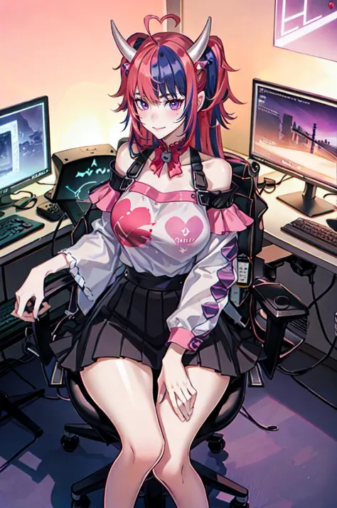 score_9, score_8_up, score_7_up, score_6_up, score_5_up, score_4_up, source_anime, tomboy girl, long hair, Bust Cup B , open-chest outfit, Guillotine Cross Rust Color Set, breastplate, waist armor, Beautiful narrow waist, Beautiful belly, Armor, red hair, Metal head jewelry, red eyes, Sparkling eyes, sit, Mobile gaming mouse, office backdrop, office desk, office chair, Sharp picture, Magical light, Bright atmosphere, beautiful backdrop, simple