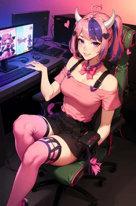 masterpiece, highly detailed, 8k, night time, neon gaming cave, adorable short haired American gamer girl laying on a bean bag, cute face, holding a playstation game control, showing panties, sexy panties, looking at the monitor, Twitch streamer, camgirl, very short skirt, fit, gorgeous, sexy, 23 year old, over the knee socks, pink hair, messy twin tails, (dynamic pose), (dynamic angle), panty shot