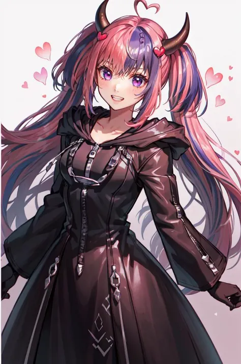 <lora:Ironmouse:0.8> ironmouse, purple eyes, pink hair, purple hair, streaked hair, two side up, horns, <lora:OrganizationXIIICoat:1> Organization XIII Coat, hood down, crazy smile, crazy eyes, cowboy shot, heart background, magic, pink and purple background, gradient background,, absurdres, ultra detailed, masterpiece, best quality, aesthetic, detailed,