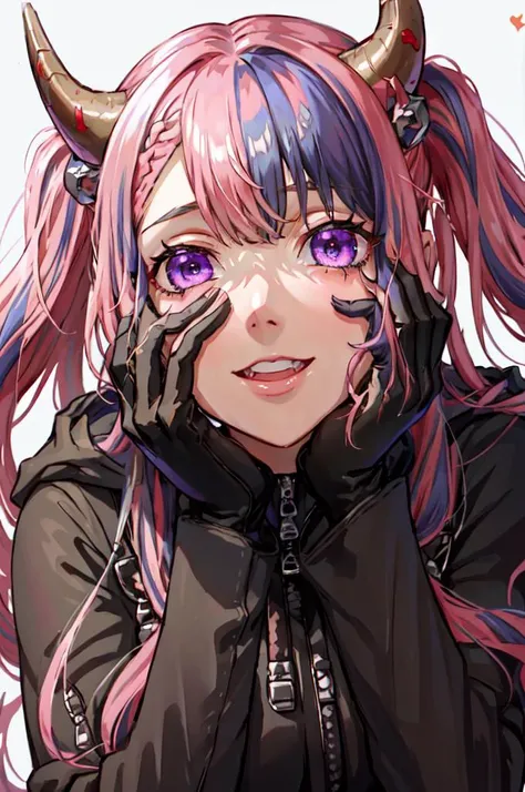 <lora:Ironmouse:0.8> ironmouse, purple eyes, pink hair, purple hair, streaked hair, two side up, horns, <lora:OrganizationXIIICoat:1> Organization XIII Coat, hood down, <lora:yandere_trance:1> yandere trance, yandere, hands on own face,hands on own cheeks, crazy smile, crazy eyes,, absurdres, ultra detailed, masterpiece, best quality, aesthetic, detailed,