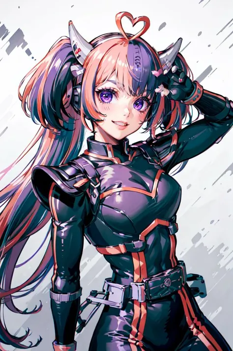 <lora:Ironmouse:0.8> ironmouse, purple eyes, pink hair, purple hair, streaked hair, two side up, horns, smile, arm up, henshin pose, henshin,  <lora:Kaixa913:0.8> Kaixa913,  rider belt, gloves, antennae, black bodysuit, bodysuit, belt, armor, helmet,, absurdres, ultra detailed, masterpiece, best quality, aesthetic, detailed,