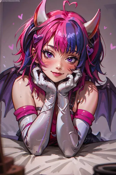 <lora:Ironmouse:0.8> ironmouse, purple eyes, pink hair, purple hair, streaked hair, two side up, horns, light smile, full-face blush, lying, <lora:Rouge_the_Bat_Cosplay:0.8> rouge_the_bat_(cosplay), bat wings, white elbow gloves, bare shoulders,, absurdres, ultra detailed, masterpiece, best quality, aesthetic, detailed,