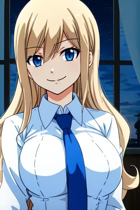 (rebecca bluegarden), best quality, ultra detailed, 1girl, solo, blonde hair, long hair, blue eyes, bangs, medium breasts, white shirt, necktie, stare, smile, (evil:1.2), looking at viewer, (interview:1.3), desk, sunset, warm lighting, large window