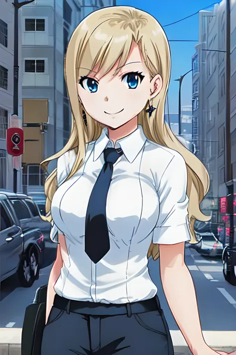 best quality, 1girl, (+_+), (rebecca bluegarden), blue eyes, medium breasts, (evil grin:0.8), white collared shirt, pointing, black necktie, black pants, cowboy shot, city street, blue sky