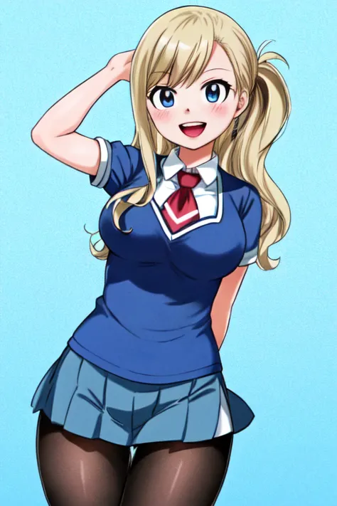 horikoshi kouhei, 1girl, (rebecca bluegarden)+, :d, absurdres, arms behind back, bangs, blush, boku no hero academia, breasts, blue eyes, blonde hair, fengling (furin-jp), highres, looking at viewer, medium breasts, open mouth, pantyhose, school uniform, sidelocks, smile, solo, standing, u.a. school uniform