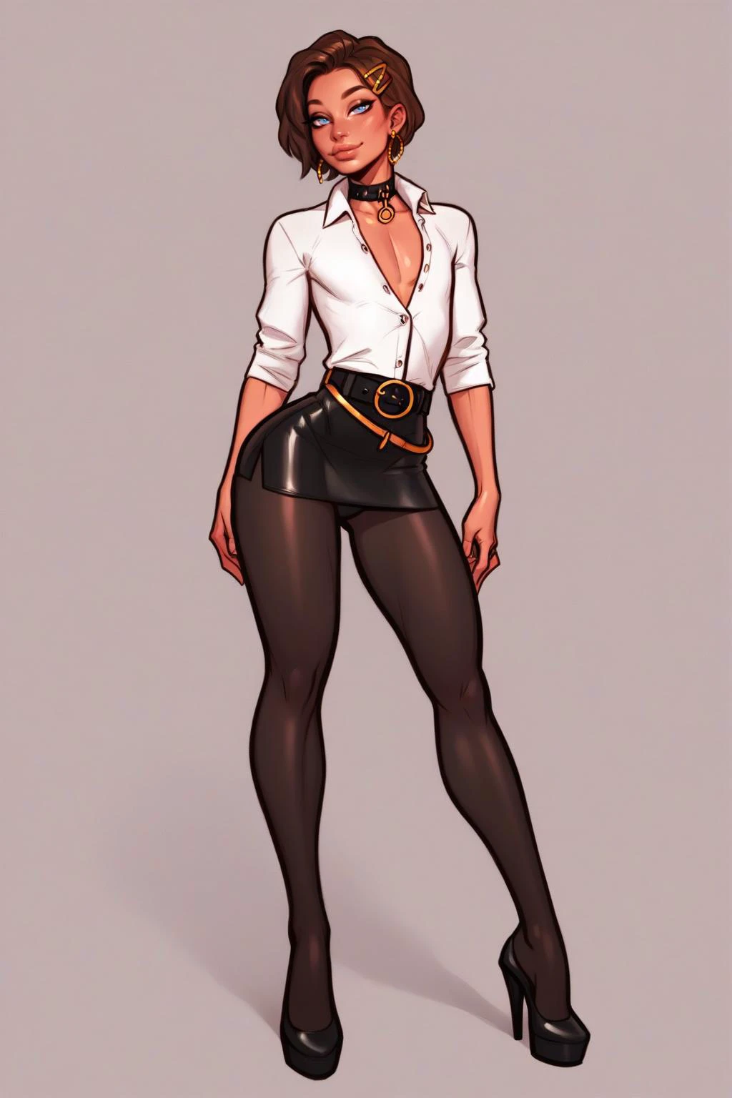 score_9, score_8_up, score_7_up, score_6, score_5, score_4, <lora:officialpit_style_v11:0.7>,<lora:princess_xl_v2:0.7>,
cute thin 20yo slutty femboy twink, (brunette:1.5), hair_clip, earrings, short hair, wide hips, aroused, looking at viewer, (slender legs), flat chest, (tiny bulge:0.2)
(open unbuttoned sleeved collared (translucent fabric:0.8) white shirt:1.3), (short black leather mini skirt with belt:1.3), (full black pantyhose tights:1.3). (high heels), collar, perfect ass