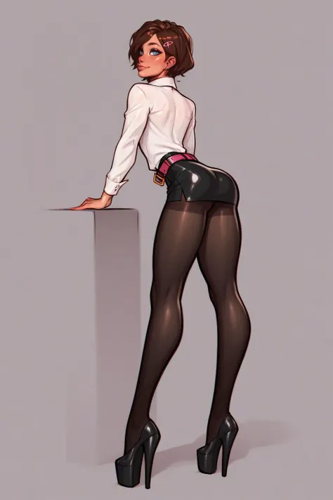 score_9, score_8_up, score_7_up, score_6, score_5, score_4, <lora:officialpit_style_v11:0.7>,<lora:princess_xl_v2:0.7>,
cute thin 20yo slutty femboy twink, (brunette:1.5), hair_clip, earrings, short hair, wide hips, aroused, looking at viewer, (slender legs), flat chest, (tiny bulge:0.2), (from behind:1.2),
(open unbuttoned sleeved collared (translucent fabric:0.8) white shirt:1.3), (short black leather mini skirt with belt:1.3), (full black pantyhose tights:1.3). (high heels), collar, (perfect ass)
