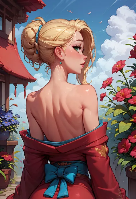 score_9, score_8_up, score_7_up, 1girl, petite, blonde hair, flowers, disney, source_cartoon, green eyes, red kimono, off shoulder, looking at viewer from behind <lora:sdxl\Concept Art Twilight Style SDXL_LoRA_Pony Diffusion V6 XL:0.8> <lora:sdxl\Expressive_H-000001:0.8>, expressiveH <lora:sdxl\princess_xl_v2:0.7> <lora:sdxl\officialpit_style_xl_ilff:0.5>