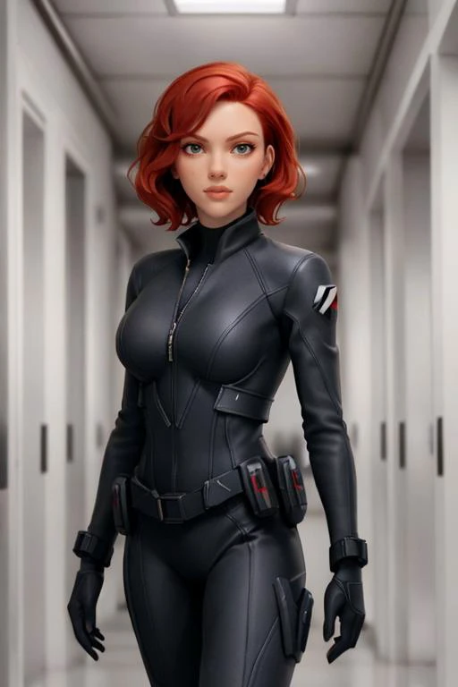 sc4rj0,short red hair, black leather suit, white hallway <lora:sc4rj0:0.8>