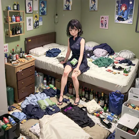 animation screencap, 1woman wearing non sleeve, sitting on bed in messy room, sake bin, wine bottle, gin bottle, snack, can, <lora:MessyRoom_XL:0.6>