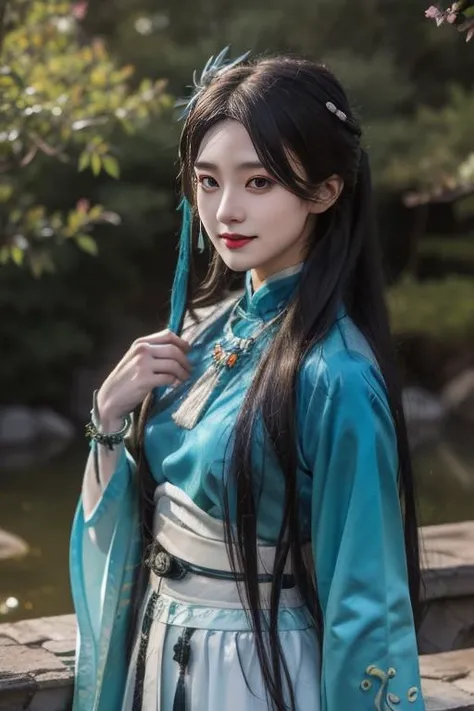 ltra-detailed,highly detailed,best quality,masterpiece,illustration,realistic,photorealistic,
1girl, solo, cosplay,
yueqingshu, hanfu, chinese clothes, china dress, wide sleeves, long sleeves, ribbom, sash, obi, tassel,
very long hair, bangs,
hair ornament, jewelry,
upper body, looking at viewer,
water, flower, grass, splashing, magic circle,
<lora:yueqingshu_v1_06:0.9>