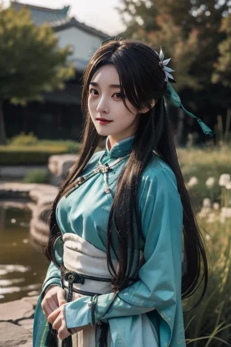 ltra-detailed,highly detailed,best quality,masterpiece,illustration,realistic,photorealistic,
1girl, solo, cosplay, 
yueqingshu, hanfu, chinese clothes, china dress, wide sleeves, long sleeves, ribbom, sash, obi, tassel, arm armor, 
very long hair, bangs, 
hair ornament, jewelry, 
upper body, looking at viewer, 
water, flower, grass, splashing, magic circle, 
 <lora:yueqingshu_v1_10:0.7>