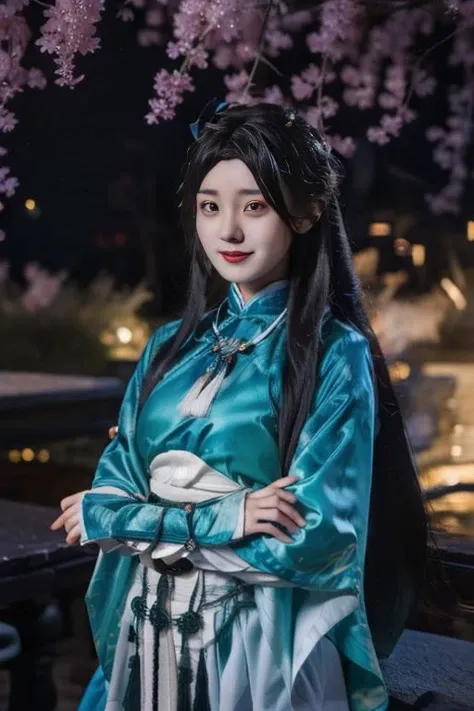 ltra-detailed,highly detailed,best quality,masterpiece,illustration,realistic,photorealistic,
1girl, solo, cosplay,
yueqingshu, hanfu, chinese clothes, china dress, wide sleeves, long sleeves, ribbom, sash, obi, tassel, arm armor,
very long hair, bangs,
hair ornament, jewelry,
upper body, looking at viewer,
water, flower, grass, splashing, magic circle,
<lora:yueqingshu_v1_09:1.0>