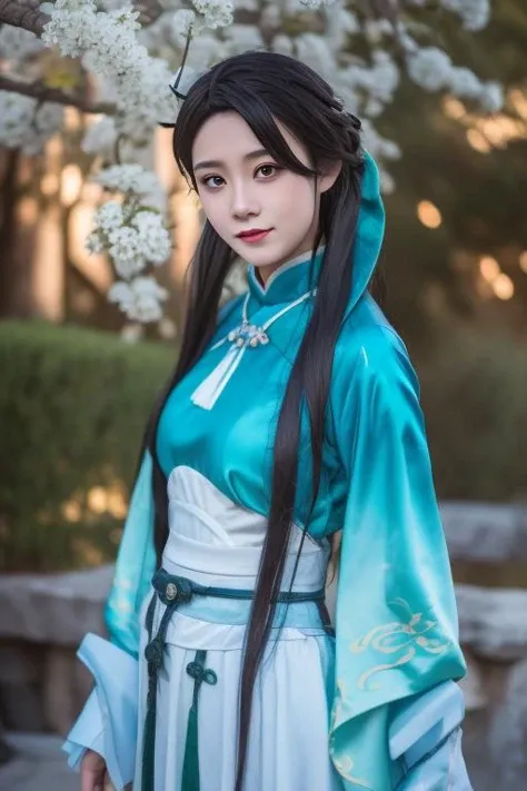ltra-detailed,highly detailed,best quality,masterpiece,illustration,realistic,photorealistic,
1girl, solo, cosplay, 
yueqingshu, hanfu, chinese clothes, china dress,aqua theme clothes, 
upper body, looking at viewer, 
 <lora:yueqingshu_v1_06:0.9>