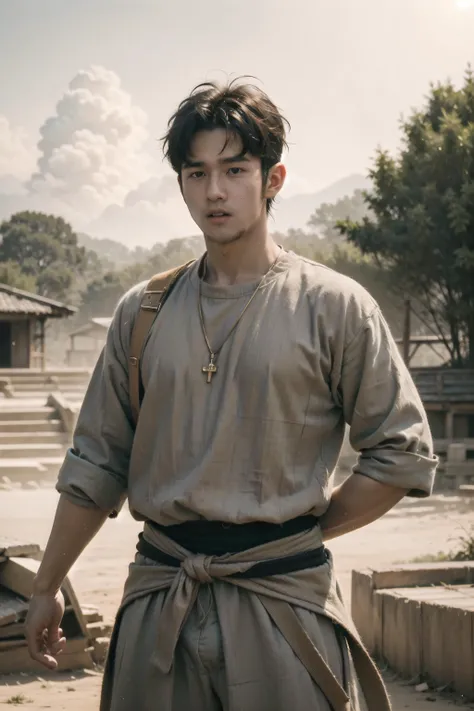 1boy,handsome,shirt tied around waist,sweat,
1man,tough guy,hanfuman,(big bulge:1.4),French crop,Meditating,glowing,aura,energy,beam,flying debris,abs,
<lora:000_AiMeishi_hanfuMan-000004:1>,
(Realistic),masterpiece,best quality,cinematic lighting,natural shadow,highest detail,professional photography,depth of field,insane details,intricate,aesthetic,detailed face,subsurface scattering,realistic hair,realistic eyes,Point-of-View Shot,dynamic pose,(8k, RAW photo, best quality, masterpiece:1.2),(realistic, photo-realistic),<lora:fairycore:0.2>,sunset,sun,outdoors,sunlight,burning,