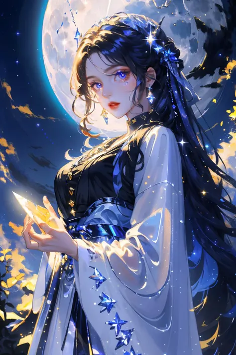 masterpiece,best quality,highres,1girl,<lora:fashigirl-v6-nai:1>,look_at_viewer,tall,perfect stature,liuli,<>,chromatic dispersion,tansparent_plastic,Polychromatic prism effect,iridescence/opalescence,glowing colors,aluminum foil,Glowing ambiance,moonlight,stars in the eyes,[<lora:fairycore:0.3>],
